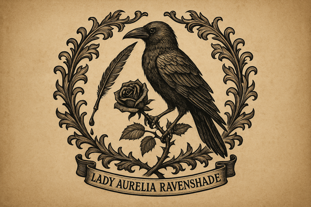 Lady Aurelia Ravenshade crest symbolizing society secrets and scandalous tales